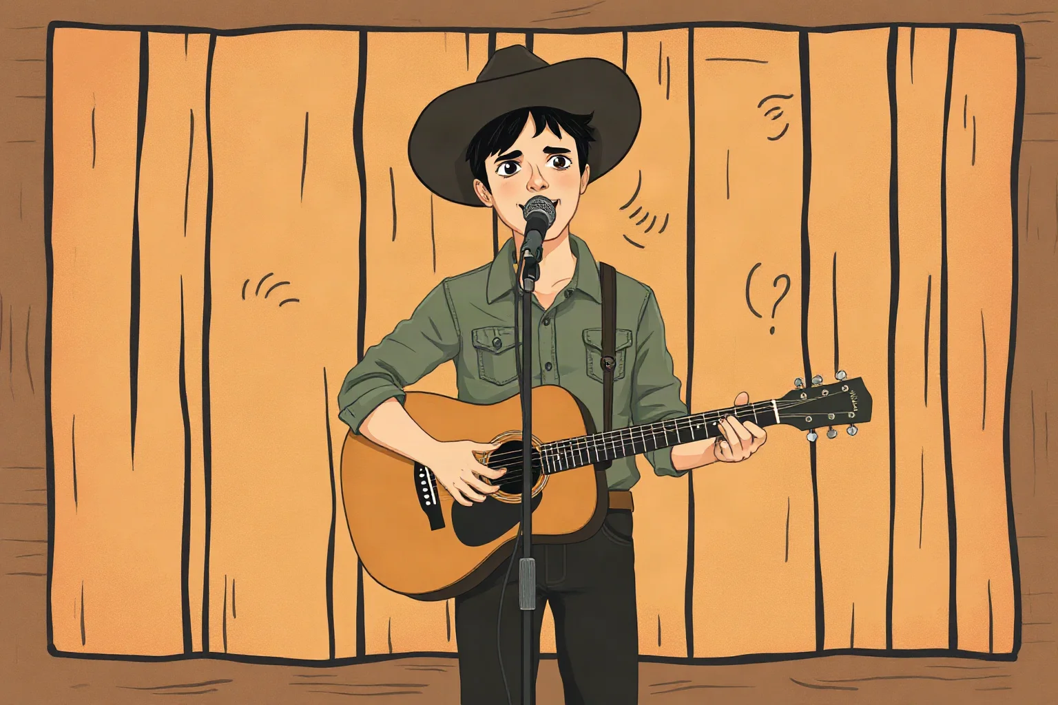 Illustration of a country singer with an acoustic guitar standing in front of a rustic backdrop, warm vintage tones, non-photorealistic