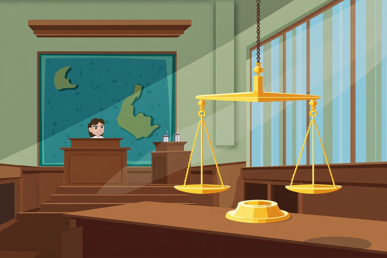 Illustration of a courtroom interior with scales of justice and a tropical island map on the wall