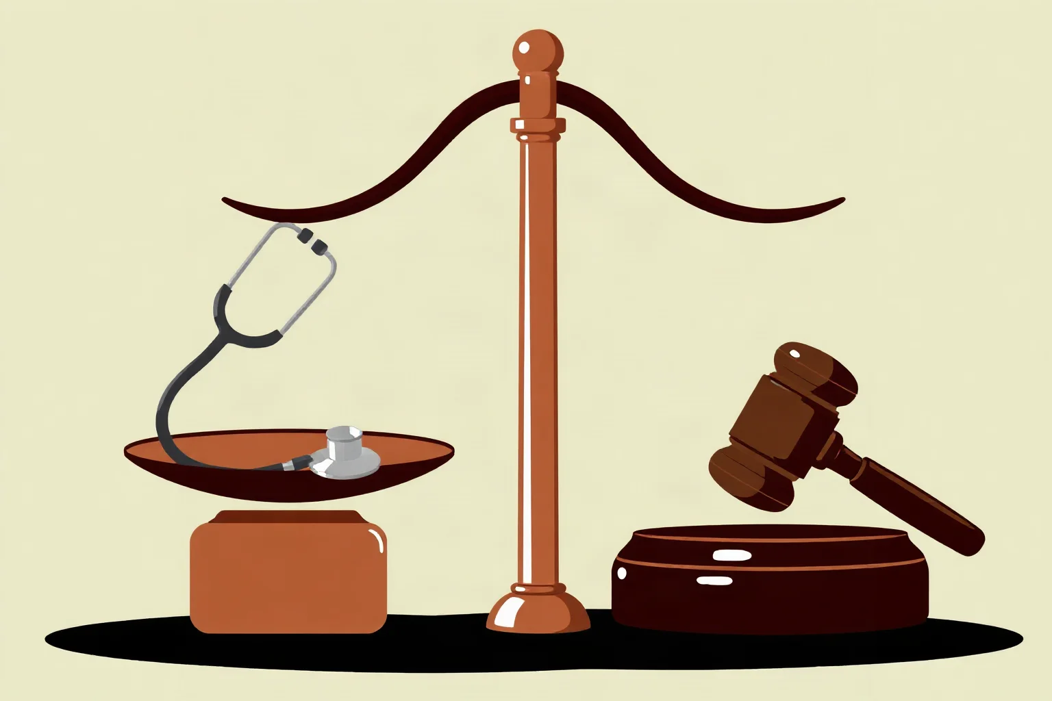 Illustration of a courtroom-style scale balancing a stethoscope on one side and a gavel on the other, symbolizing ethics debate