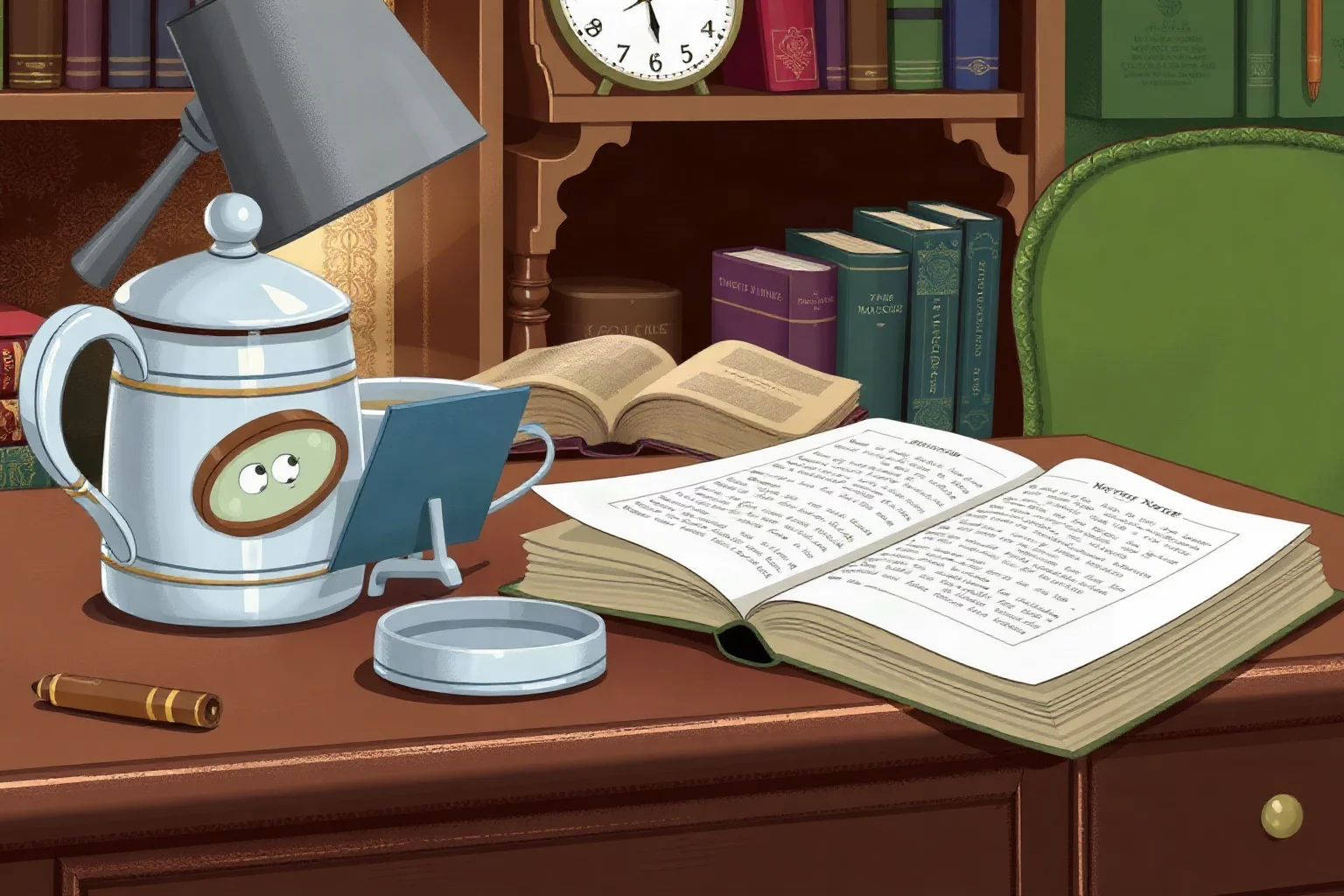 Illustration of a cozy English study with a magnifying glass, teacup, and mystery novel manuscript on the desk