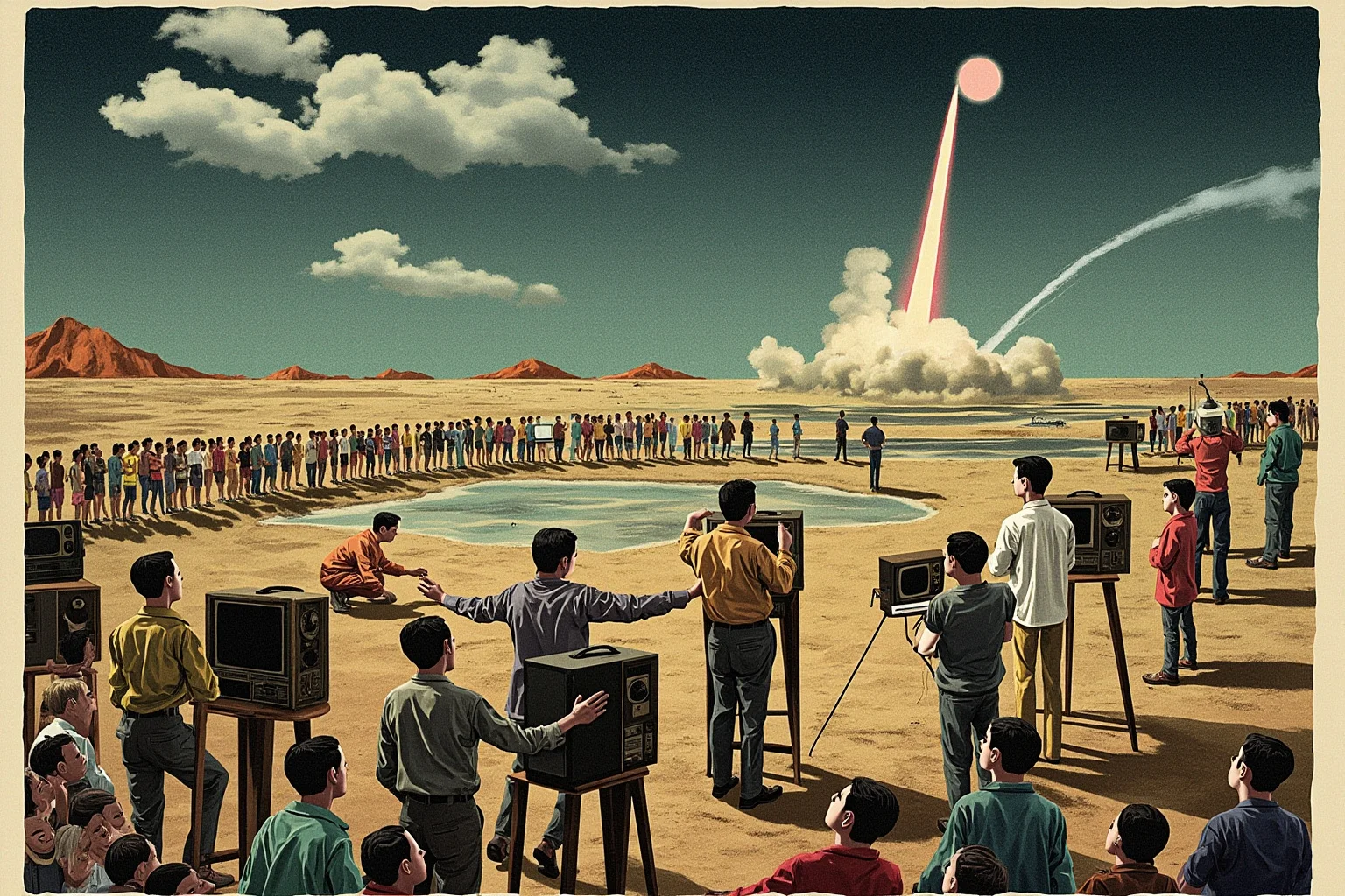 22 Historical Events That Will Restore Your Faith In Humanity 14 Illustration of a crowd gathered around old television sets outdoors, watching a rocket launch broadcast
