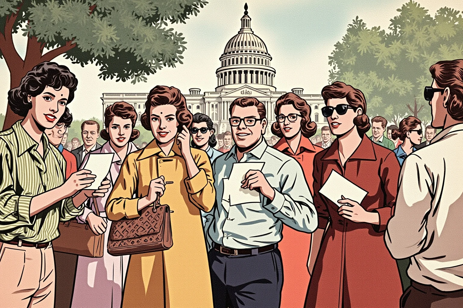 Illustration of a crowd gathered outside a public building holding voting ballots, 1960s style clothing