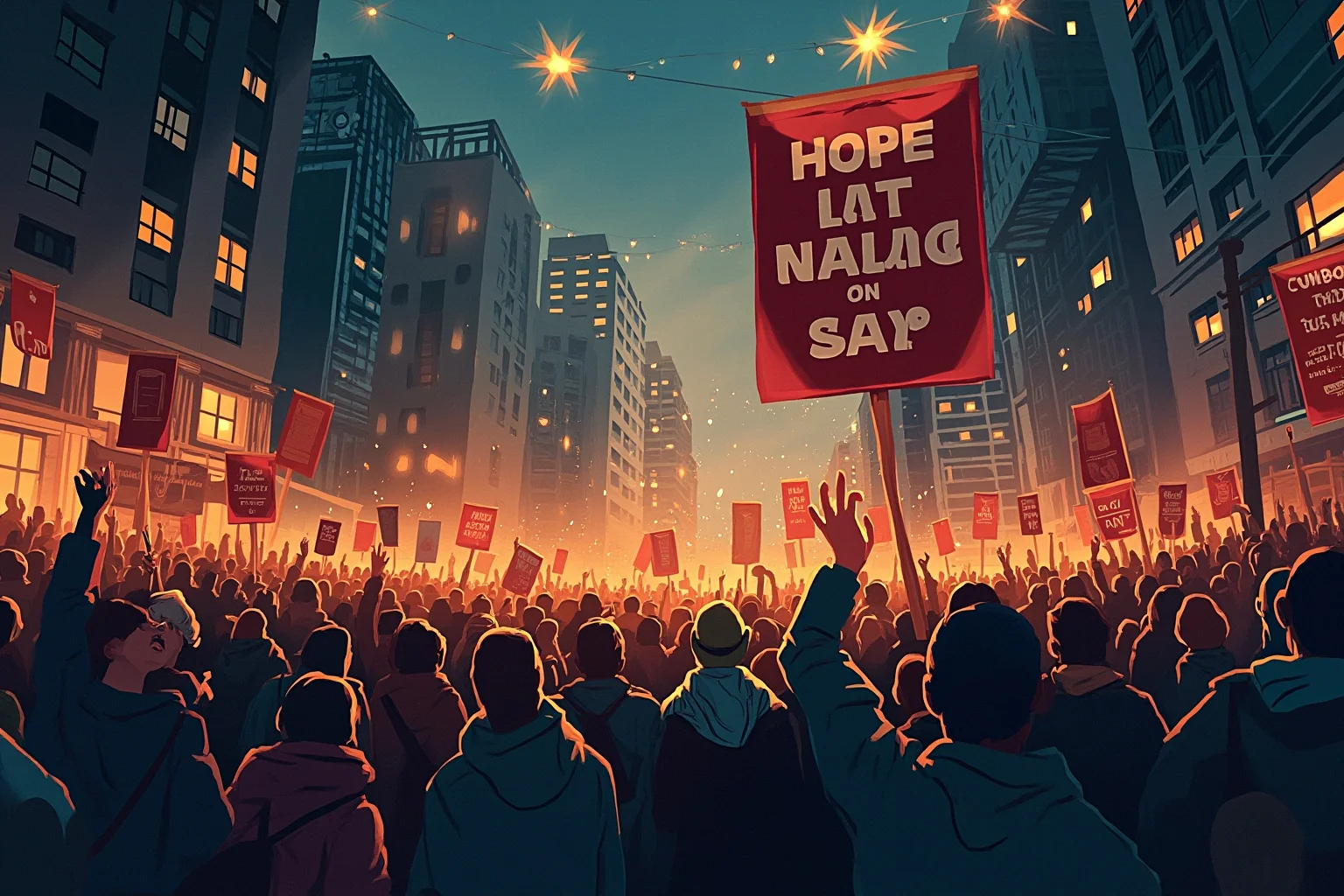 10 of History's Most Evil People & 10 of Its Greatest Heroes 14 Illustration of a crowd gathered peacefully at a historic march with banners, warm hopeful lighting