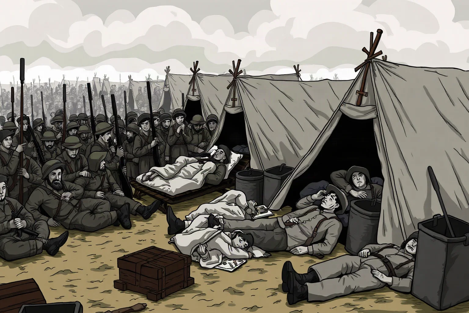 Illustration of a crowded 1860s military camp with soldiers resting near canvas tents, emphasizing cramped, unsanitary conditions