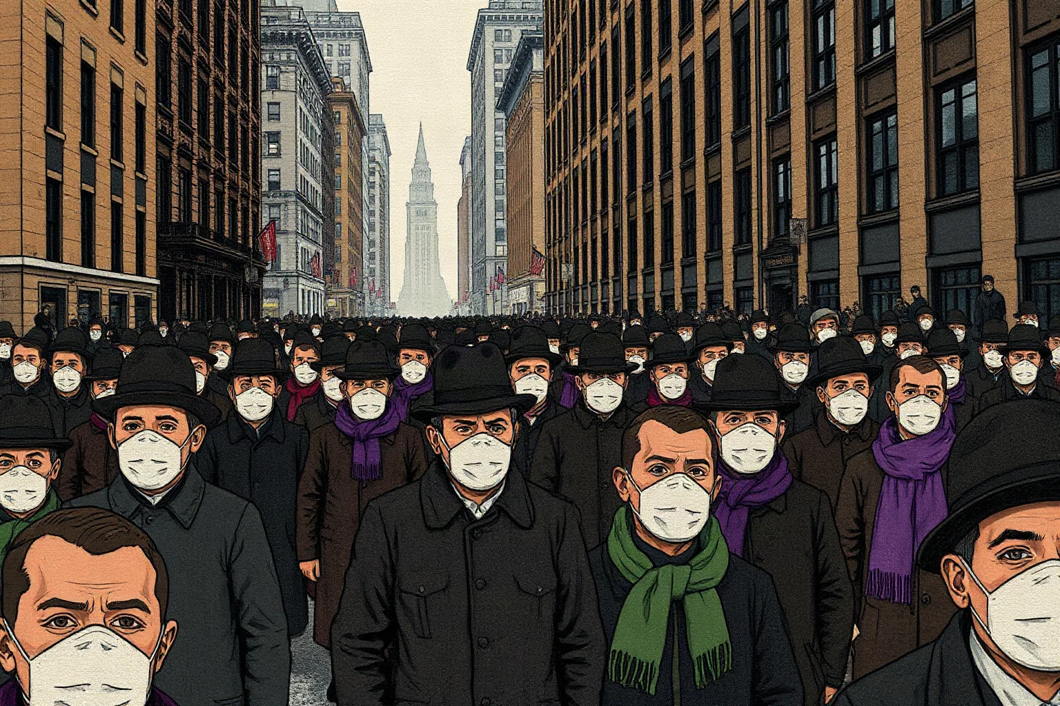 Illustration of a crowded 1918 city street with people wearing cloth masks, evoking the flu pandemic era