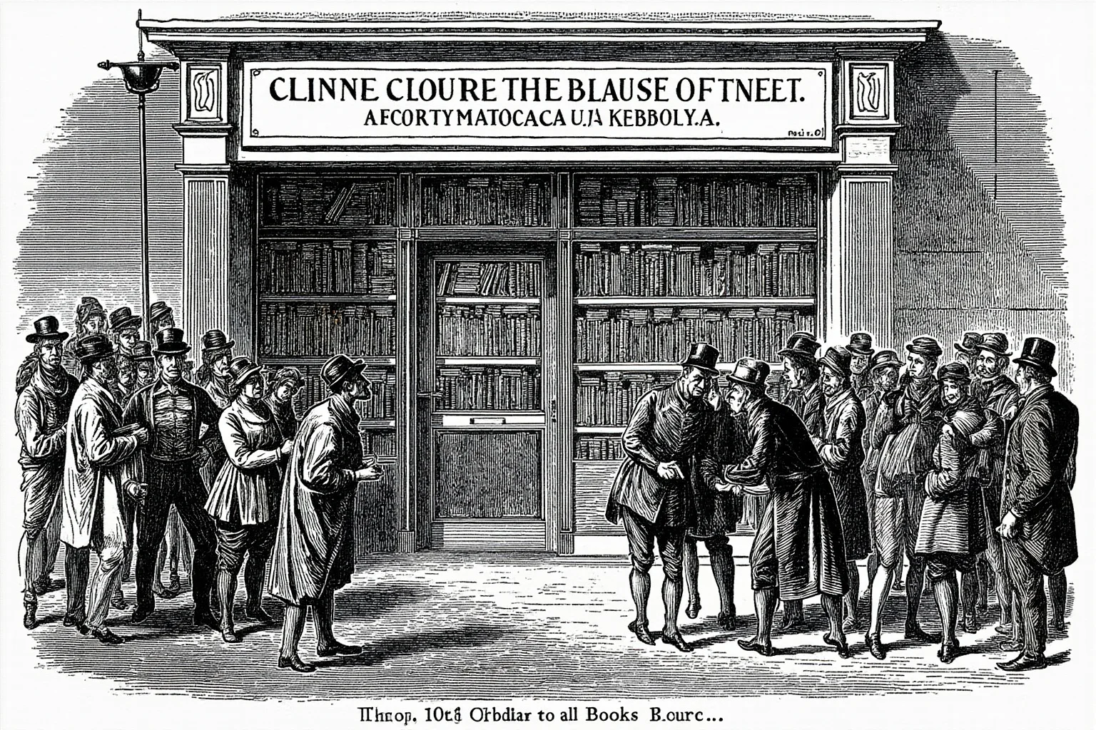 Illustration of a crowded 19th-century bookshop with a queue of customers outside, evoking a bestselling book launch