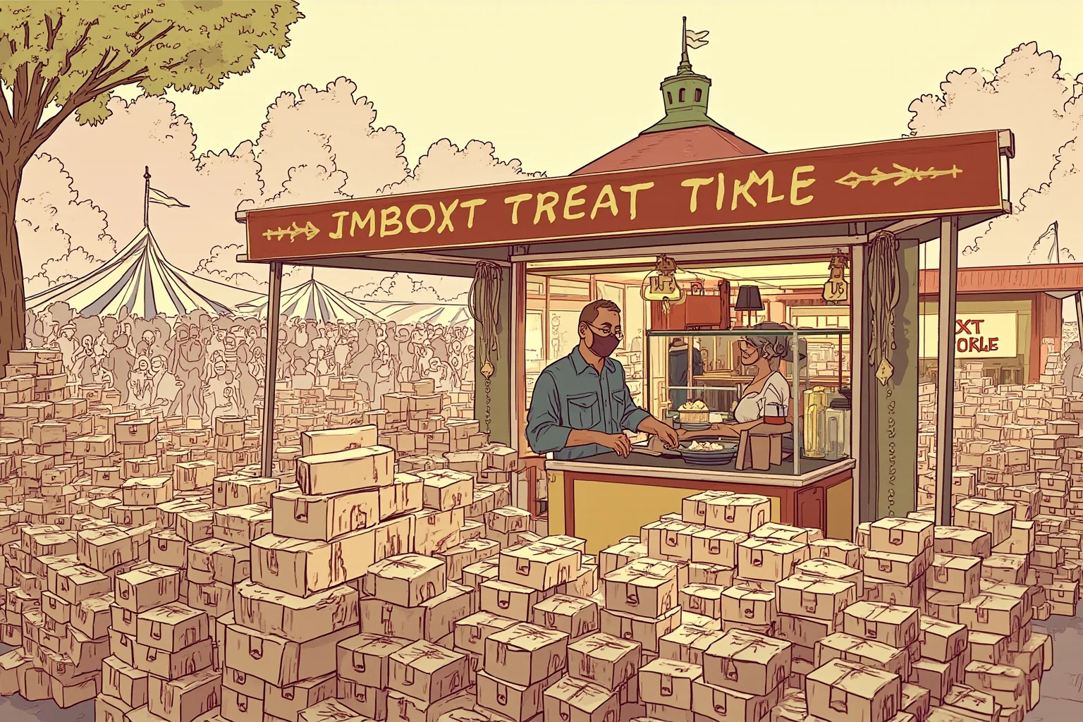 Illustration of a crowded fair booth with stacks of sold treat boxes and a busy vendor