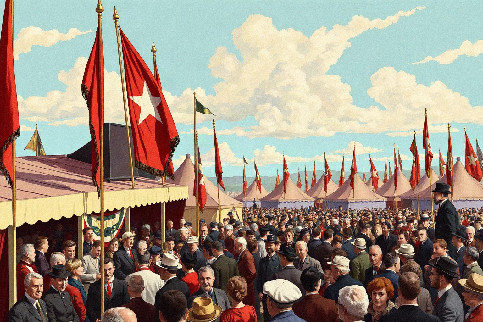 Illustration of a crowded outdoor exposition scene with vintage flags and a speaker's stage, early 1900s style