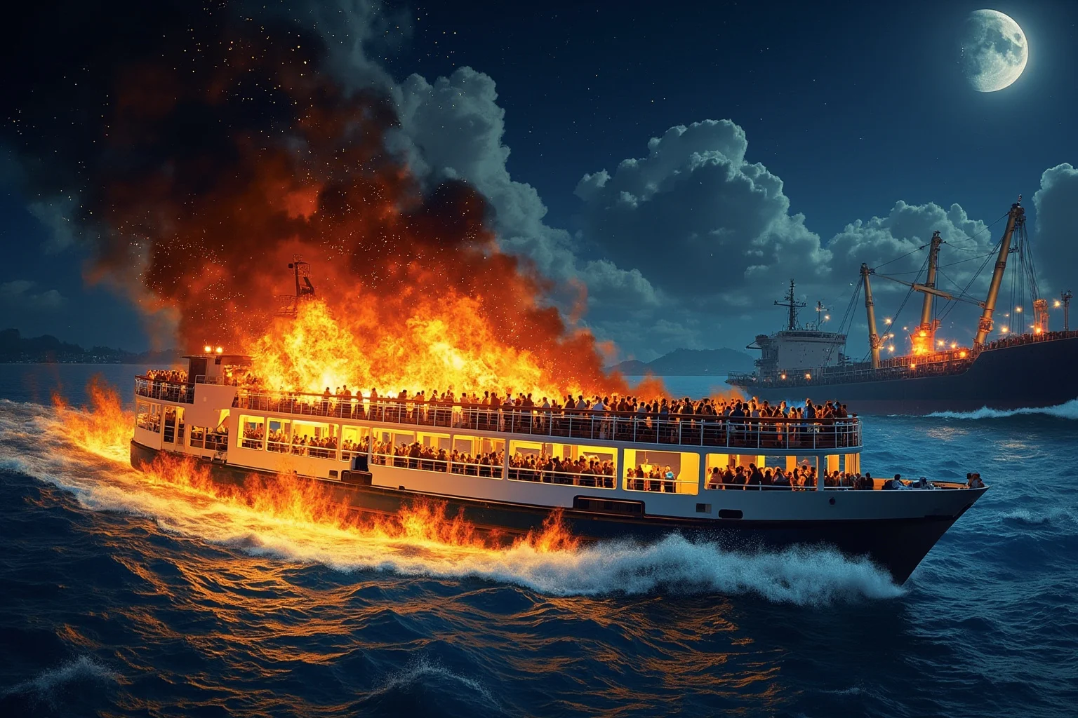 Lost At Sea: 20 Most Famous Shipwrecks in History 8 Illustration of a crowded passenger ferry engulfed in flames colliding with a tanker ship at night on tropical waters