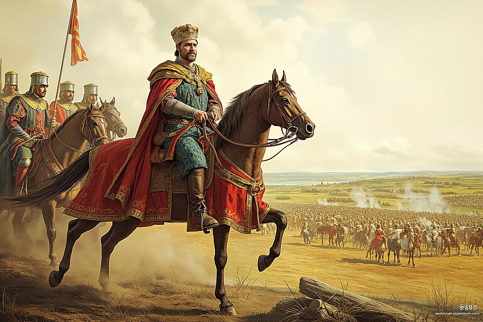 Monarchs Whose Reigns Were Hilariously Short 6 Illustration of a crowned Anglo-Saxon king on horseback leading troops toward a distant battlefield