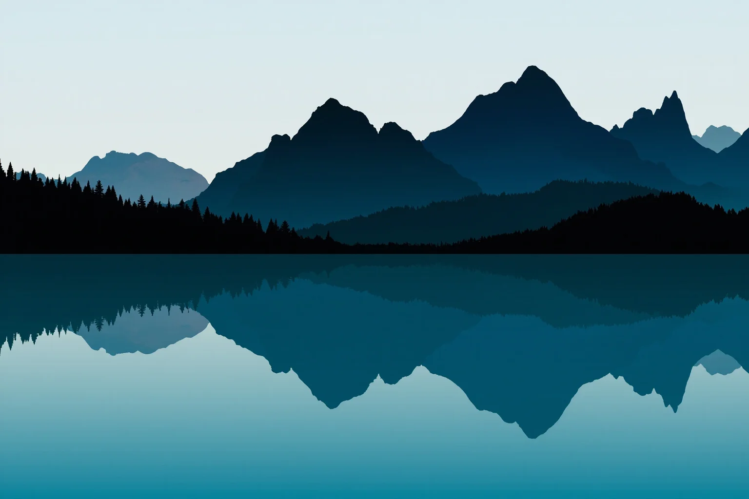 Illustration of a dark forested mountain range reflected in a calm Adriatic-style bay