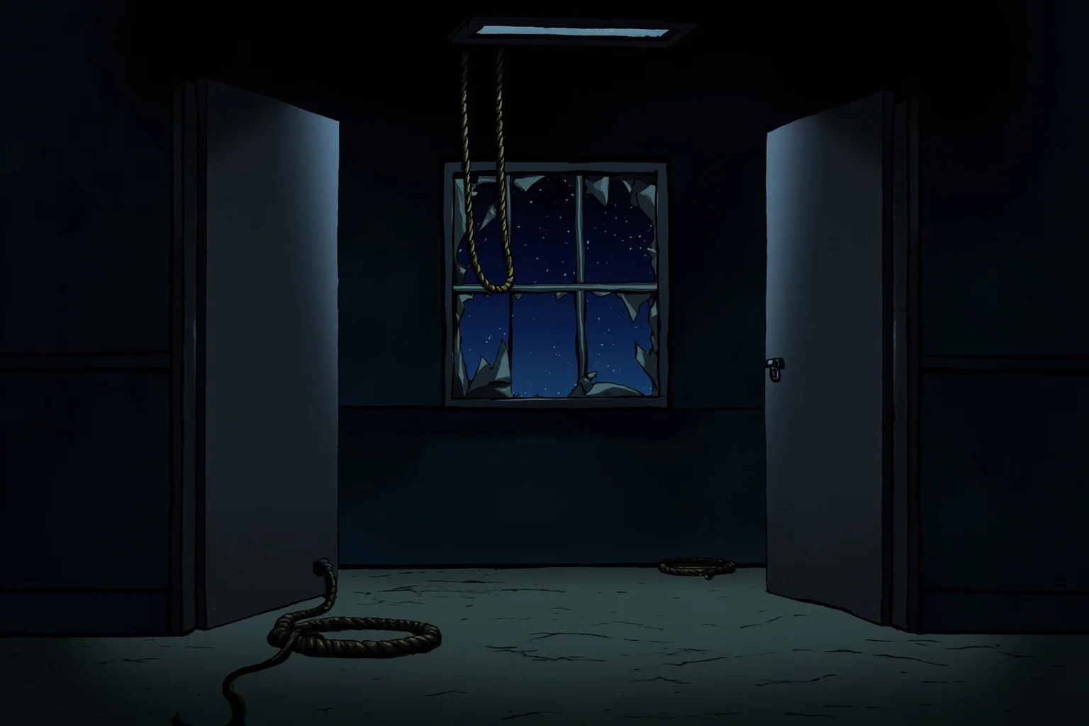 The Louvre Is No Stranger to Losing Millions: Inside the Museum's Biggest Heists 13 Illustration of a dark museum interior at night with a broken window and a rope hanging from the ceiling