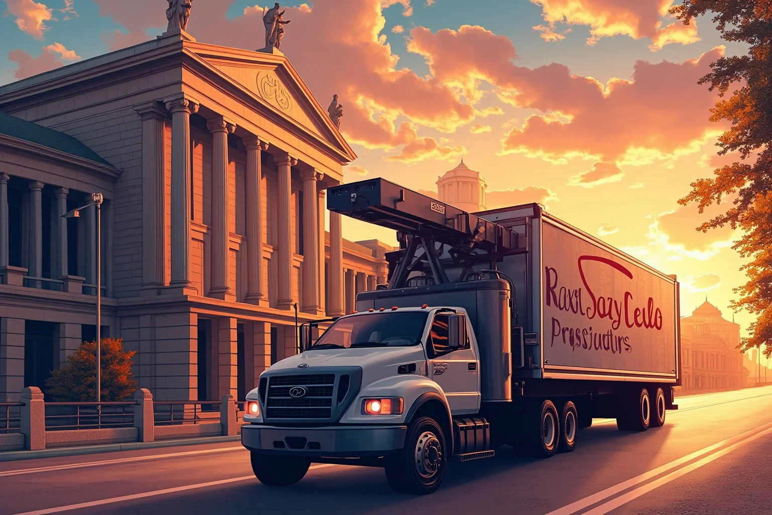 The Louvre Is No Stranger to Losing Millions: Inside the Museum's Biggest Heists 16 Illustration of a delivery truck with an extended ladder lift parked beside a grand museum building at dawn