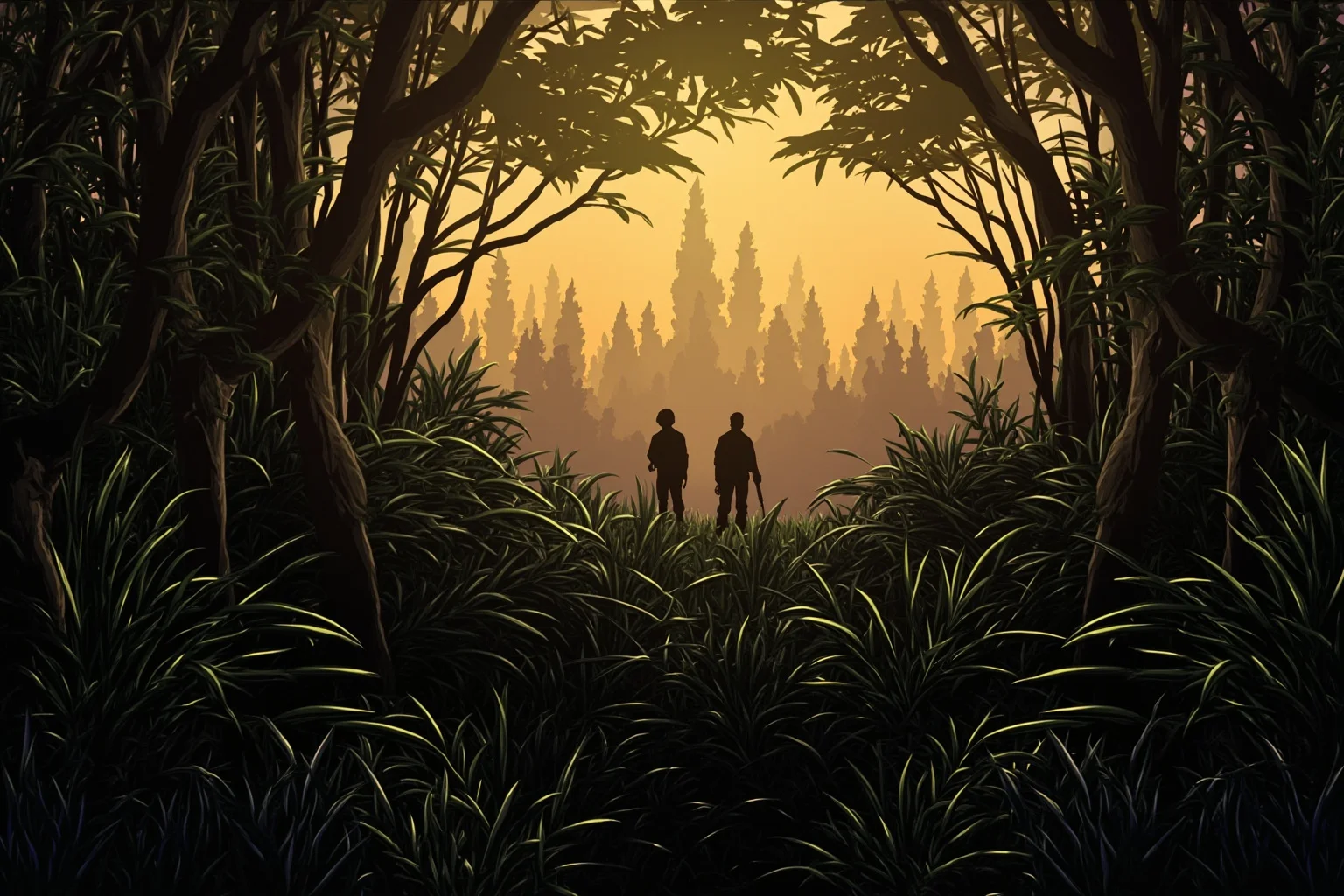 Illustration of a dense jungle clearing at dawn with silhouetted soldiers in the background, tense historical atmosphere