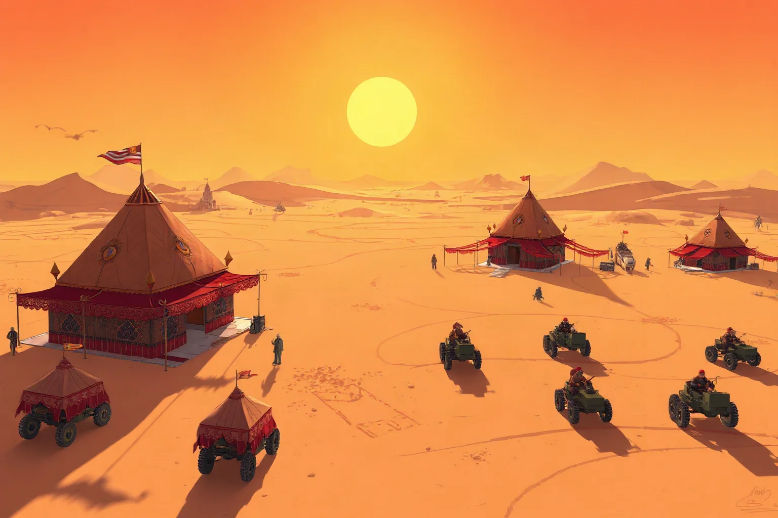 Illustration of a desert compound with ornate tents and military convoys under a bright sun