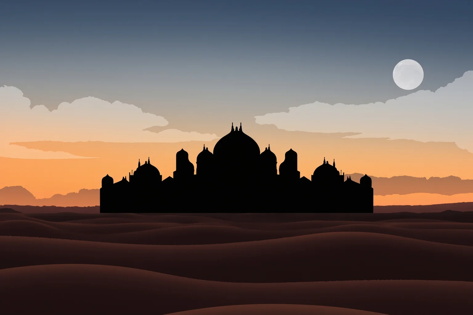 Illustration of a desert landscape with a grand traditional palace silhouette at dusk