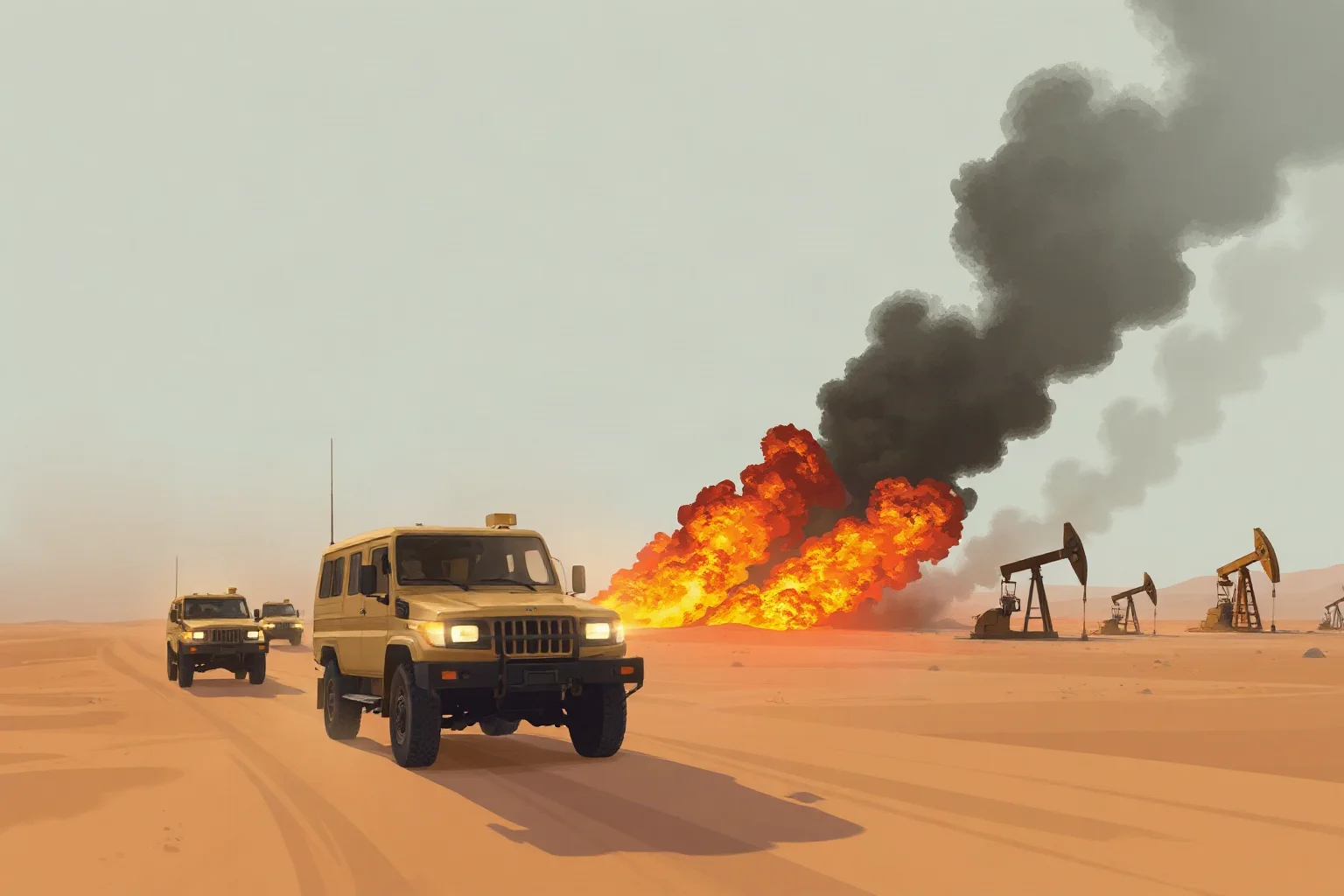 Illustration of a desert military convoy and oil field fires evoking the Iran-Iraq War era