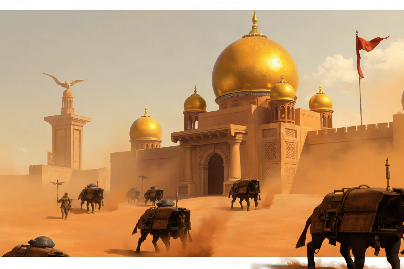 Illustration of a desert palace with golden domes and armored vehicles nearby, dusty orange tones