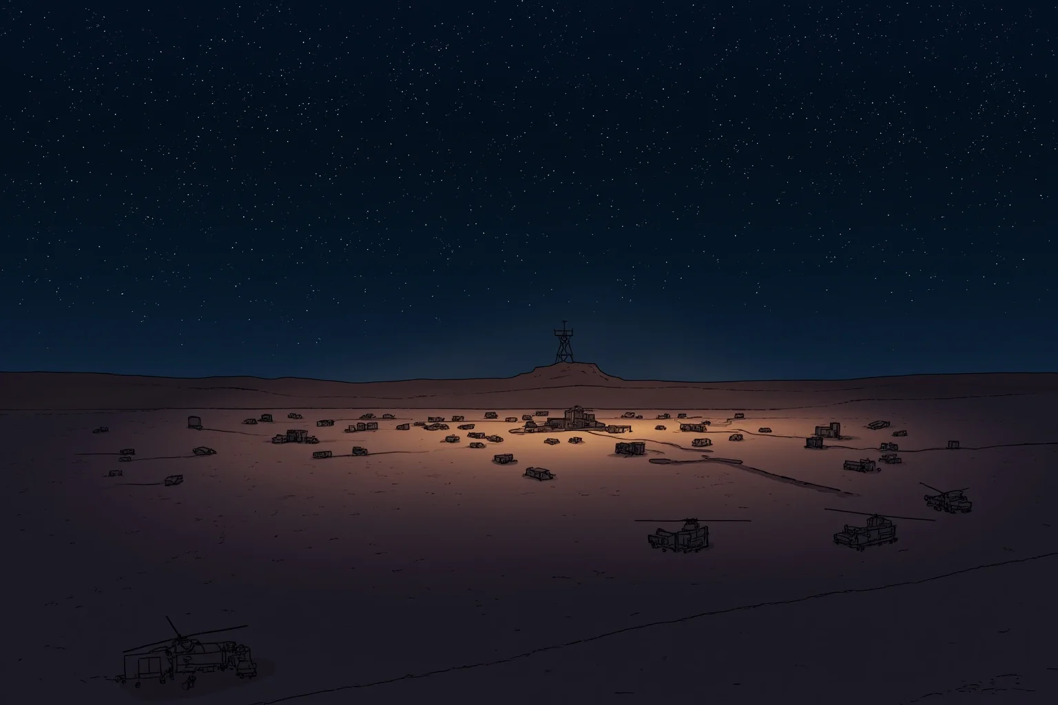 Illustration of a desert staging ground at night with helicopters and military vehicles, evoking a failed rescue mission