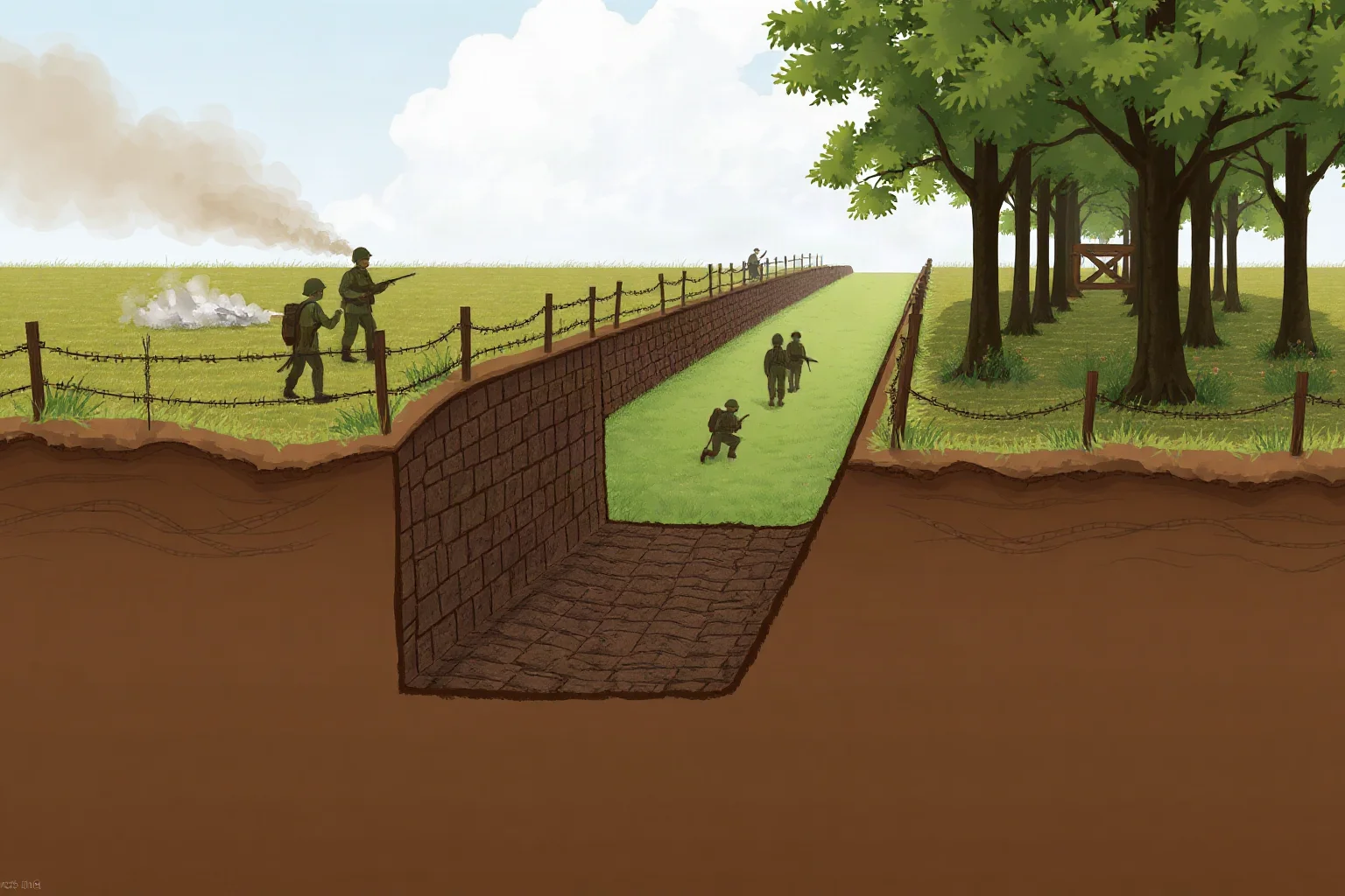 Illustration of a detailed cross-section of a WWI trench system showing soldiers, barbed wire, and no man's land beyond