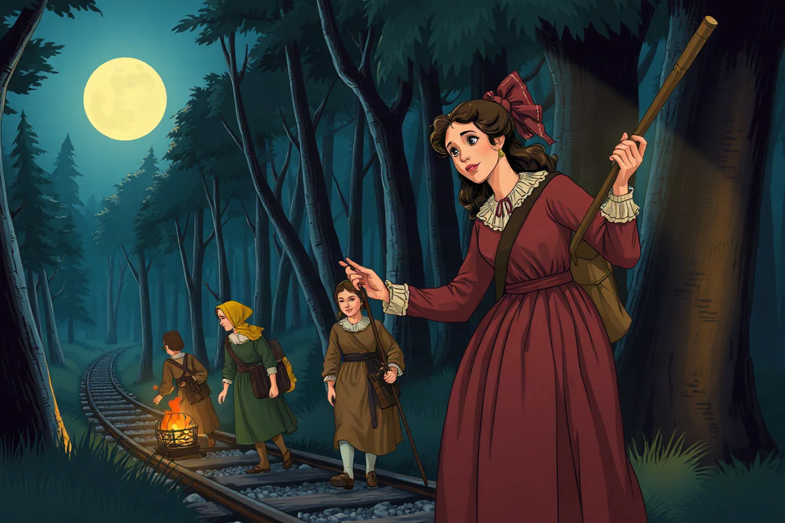 Illustration of a determined 19th-century American woman guiding a small group through a moonlit forest path, Underground Railroad theme