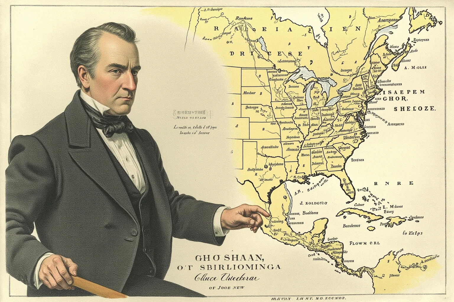 Illustration of a determined 19th-century president studying a large map of North America with western territories highlighted.