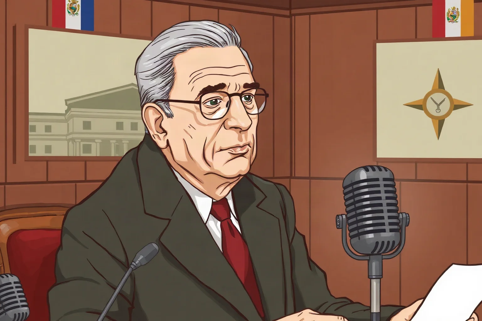 Illustration of a determined 20th-century statesman speaking into an old radio microphone in a wood-paneled room