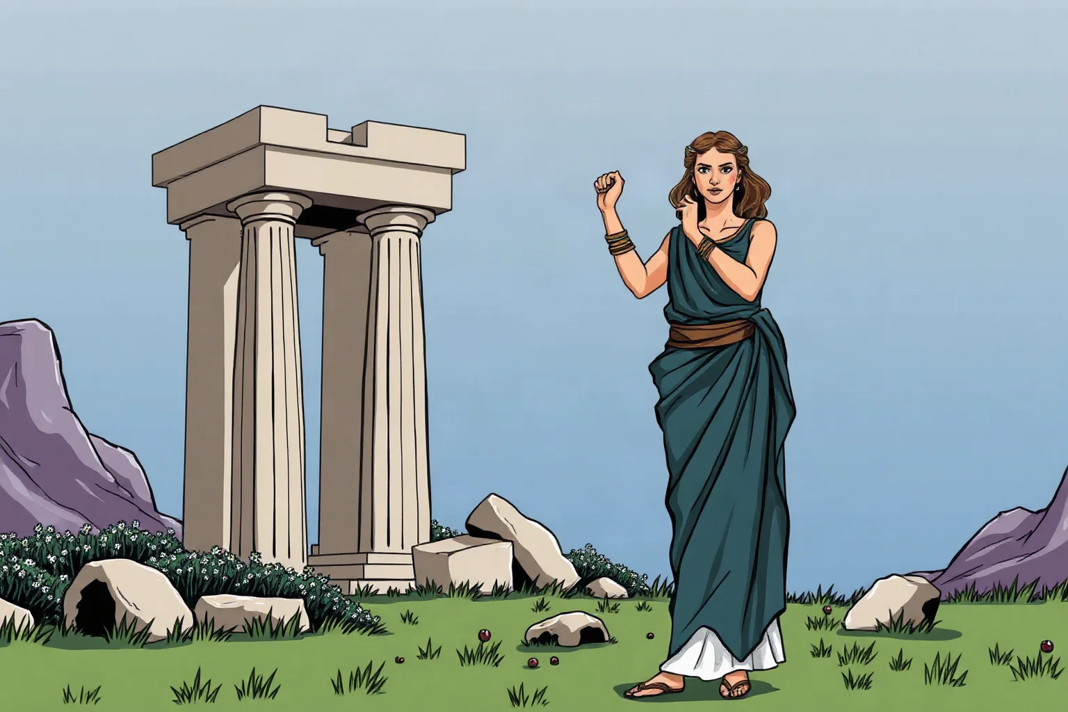 Illustration of a determined ancient Greek woman standing defiantly before a stone tomb