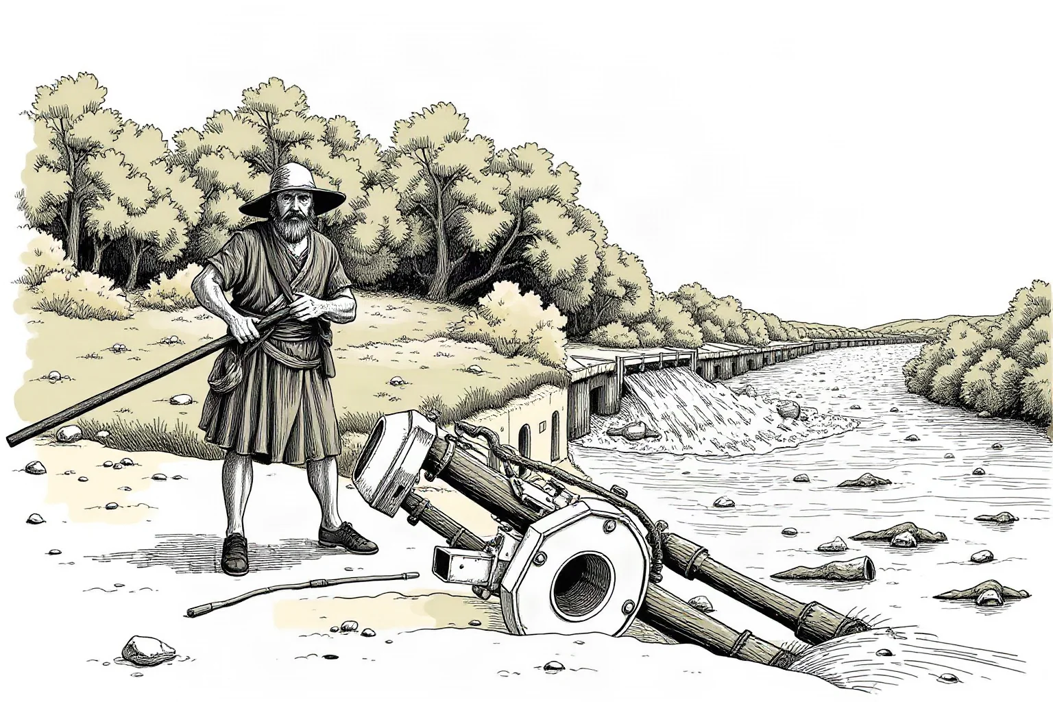 Illustration of a determined ancient laborer directing flood-control engineering works along a river