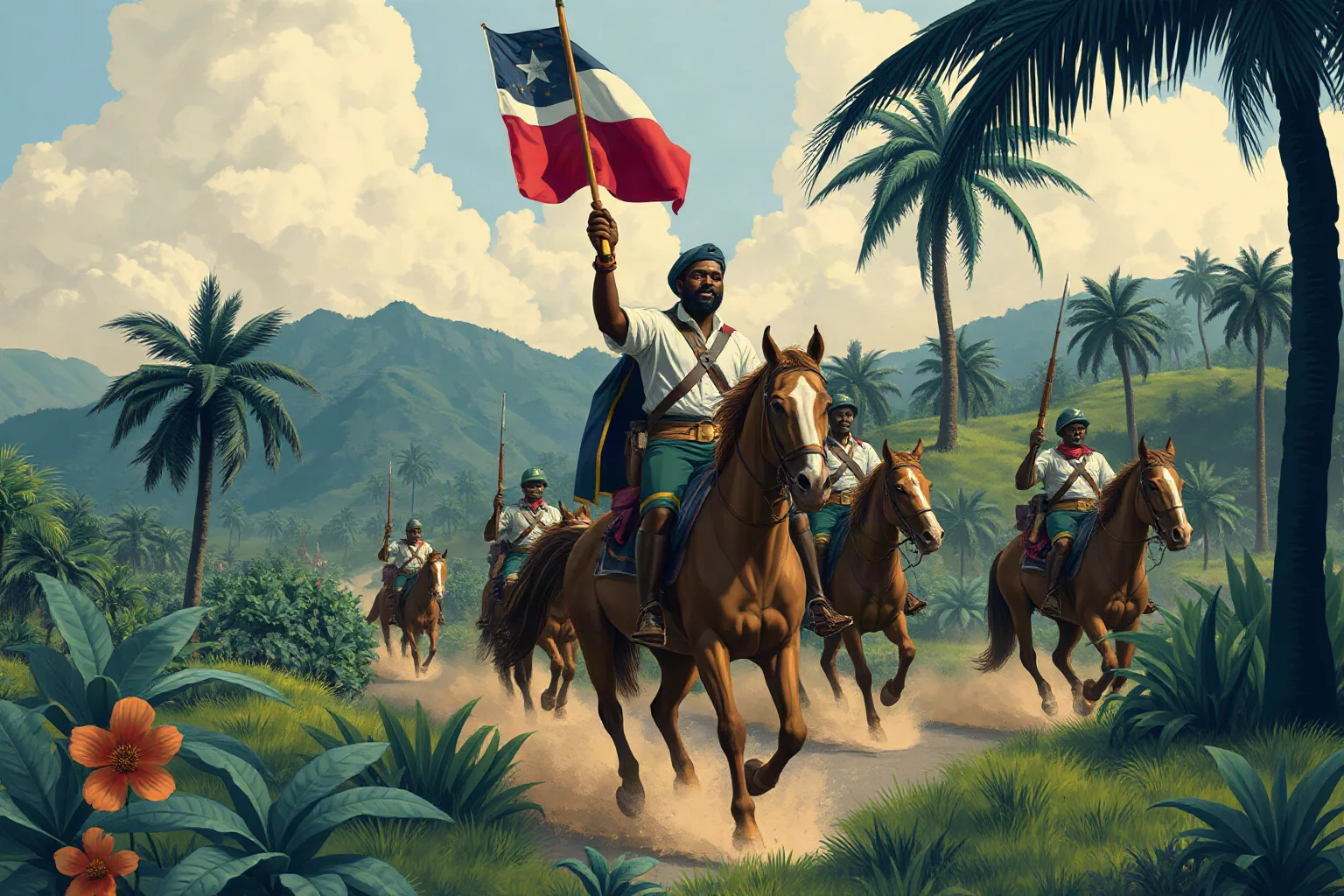 Illustration of a determined Caribbean revolutionary leader on horseback leading formerly enslaved soldiers through a tropical plantation landscape