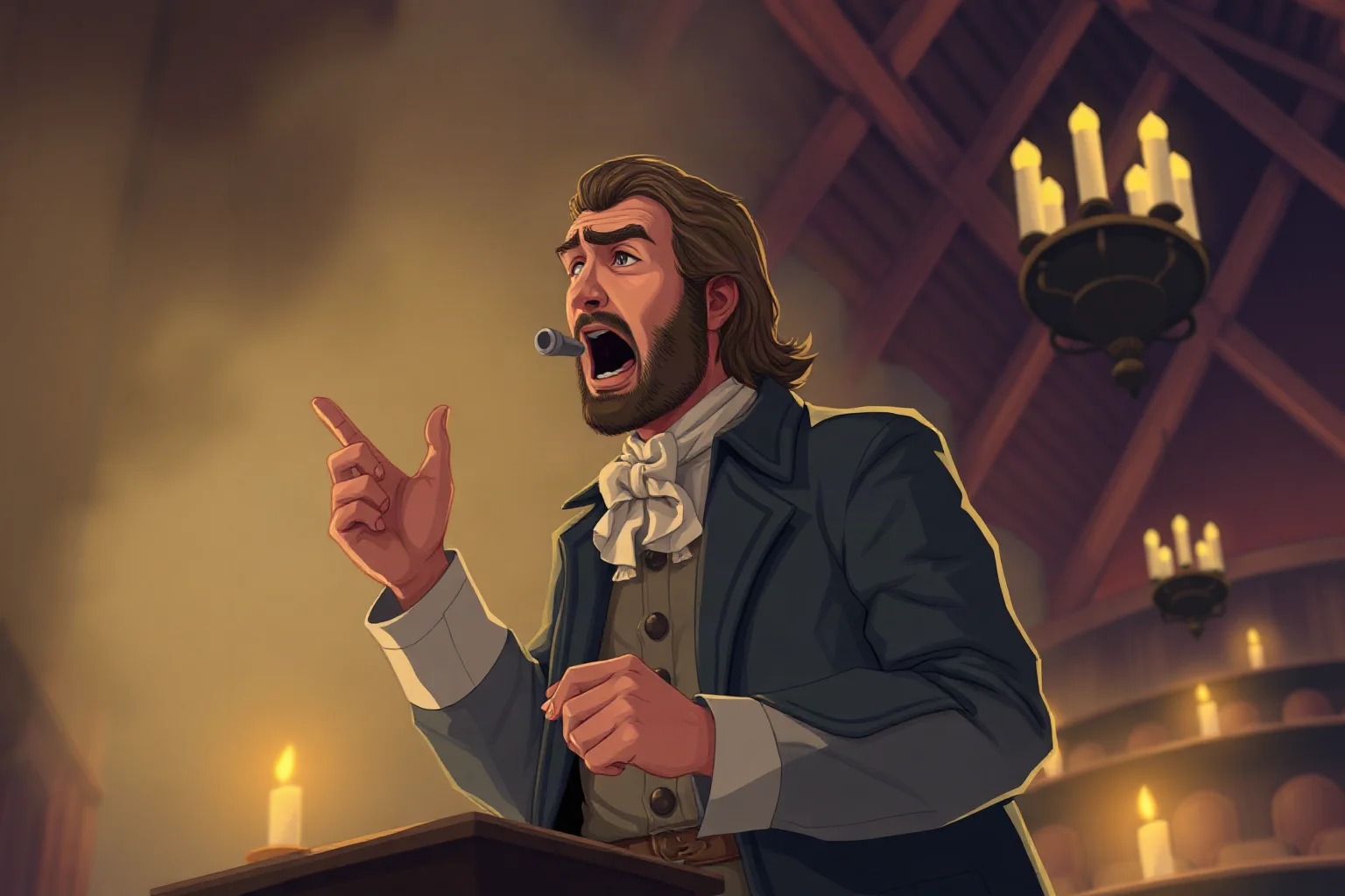 Illustration of a determined colonial delegate speaking passionately inside a candlelit assembly hall