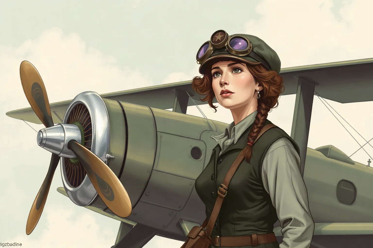 Illustration of a determined early 20th-century female aviator standing beside a vintage propeller airplane