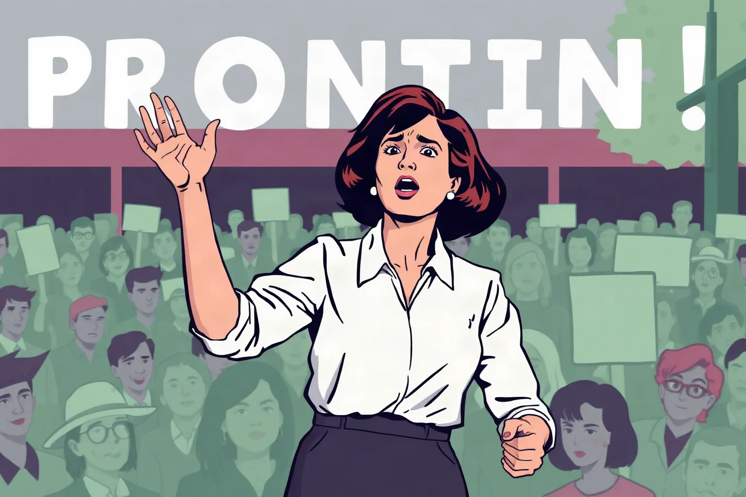 Illustration of a determined female speaker addressing a large crowd outdoors, 1960s protest poster art style