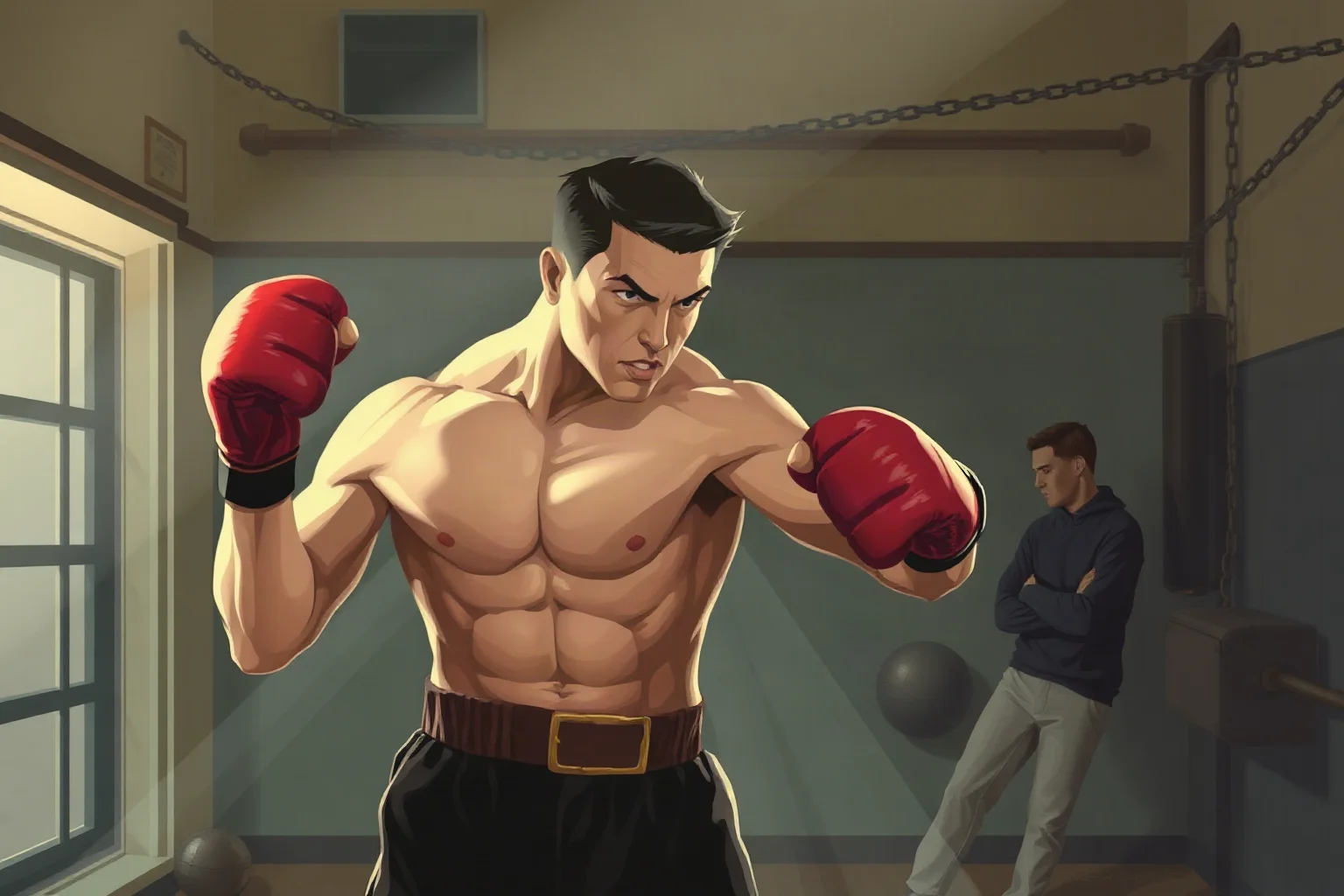 Illustration of a determined mid-20th-century American boxer in athletic stance inside a training gym, dramatic lighting