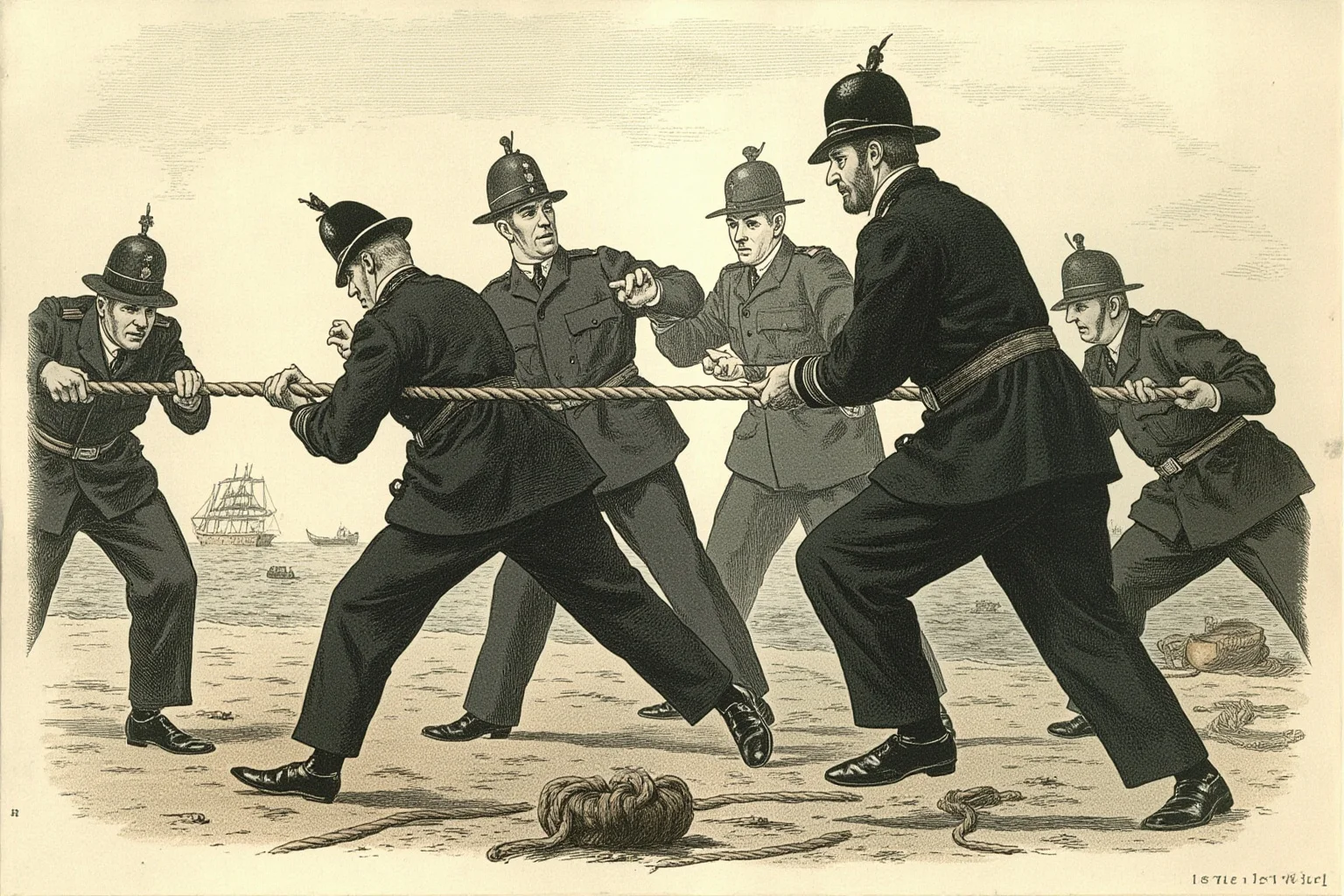 Tug of War Was Once an Olympic Sport—Here's Why It Got Removed 7 Illustration of a determined police-uniformed tug of war team from early 1900s Britain gripping a rope