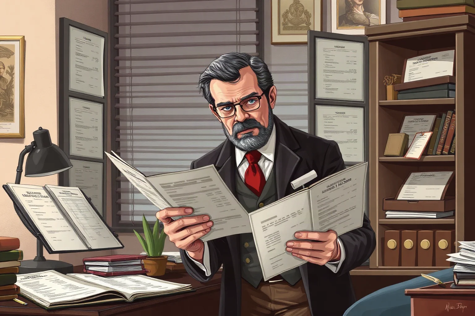 Illustration of a determined railroad speculator reviewing stock certificates in a cluttered Wall Street office