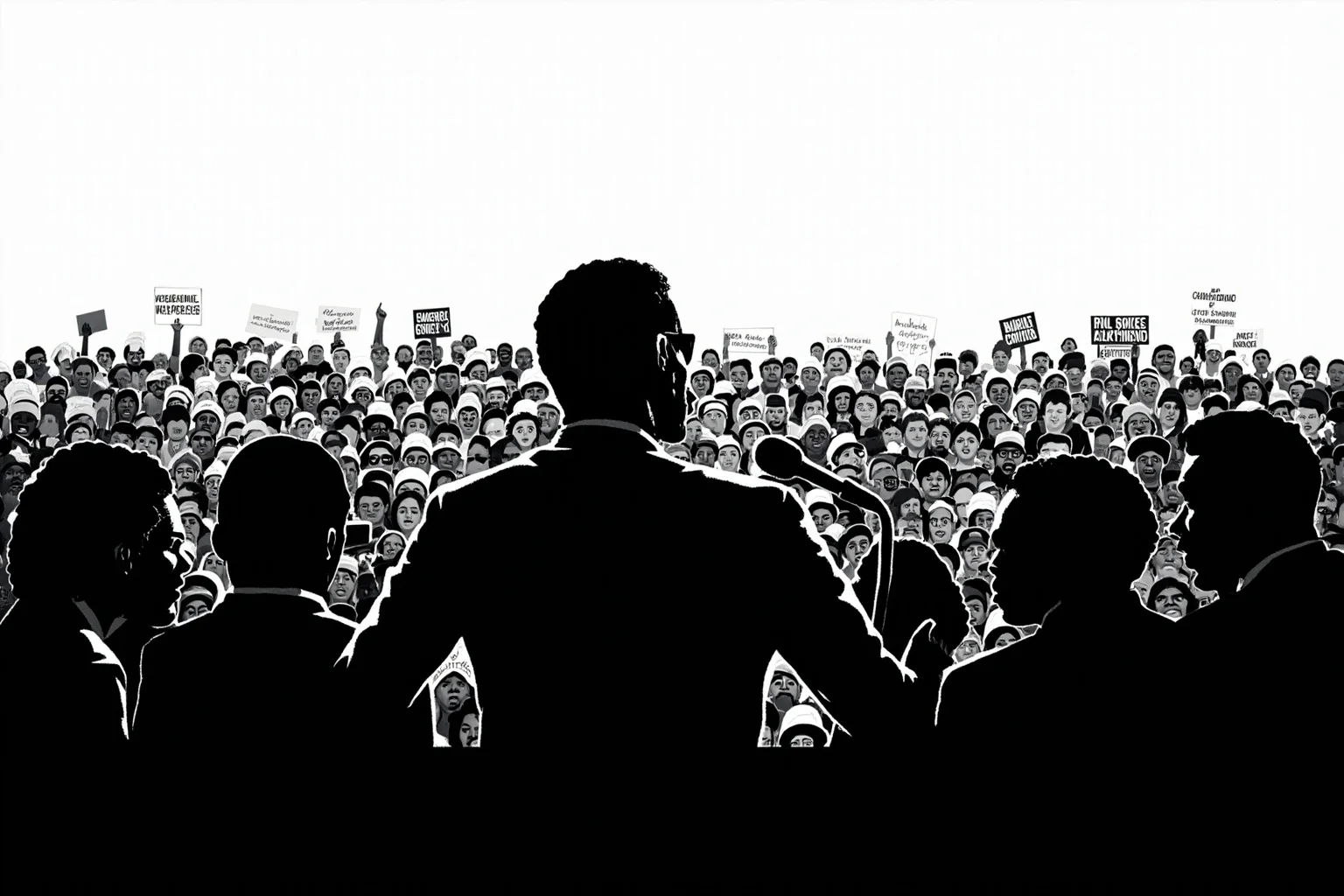 Historical Villains Who Were Actually Heroes 22 Illustration of a determined silhouetted civil rights speaker at a podium in front of a large attentive crowd, black and white poster style