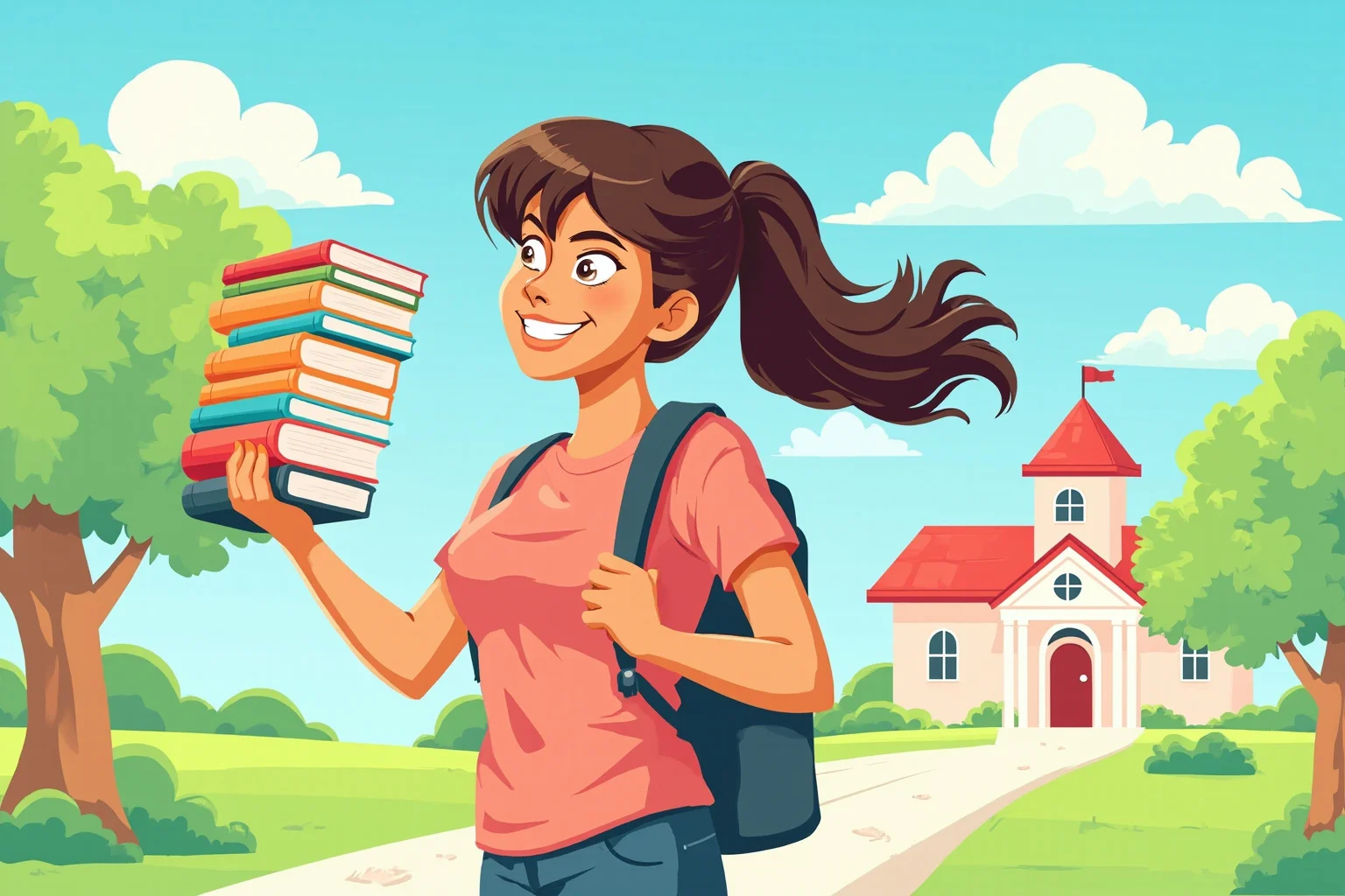 Illustration of a determined teenage girl holding a stack of books, walking confidently toward a schoolhouse