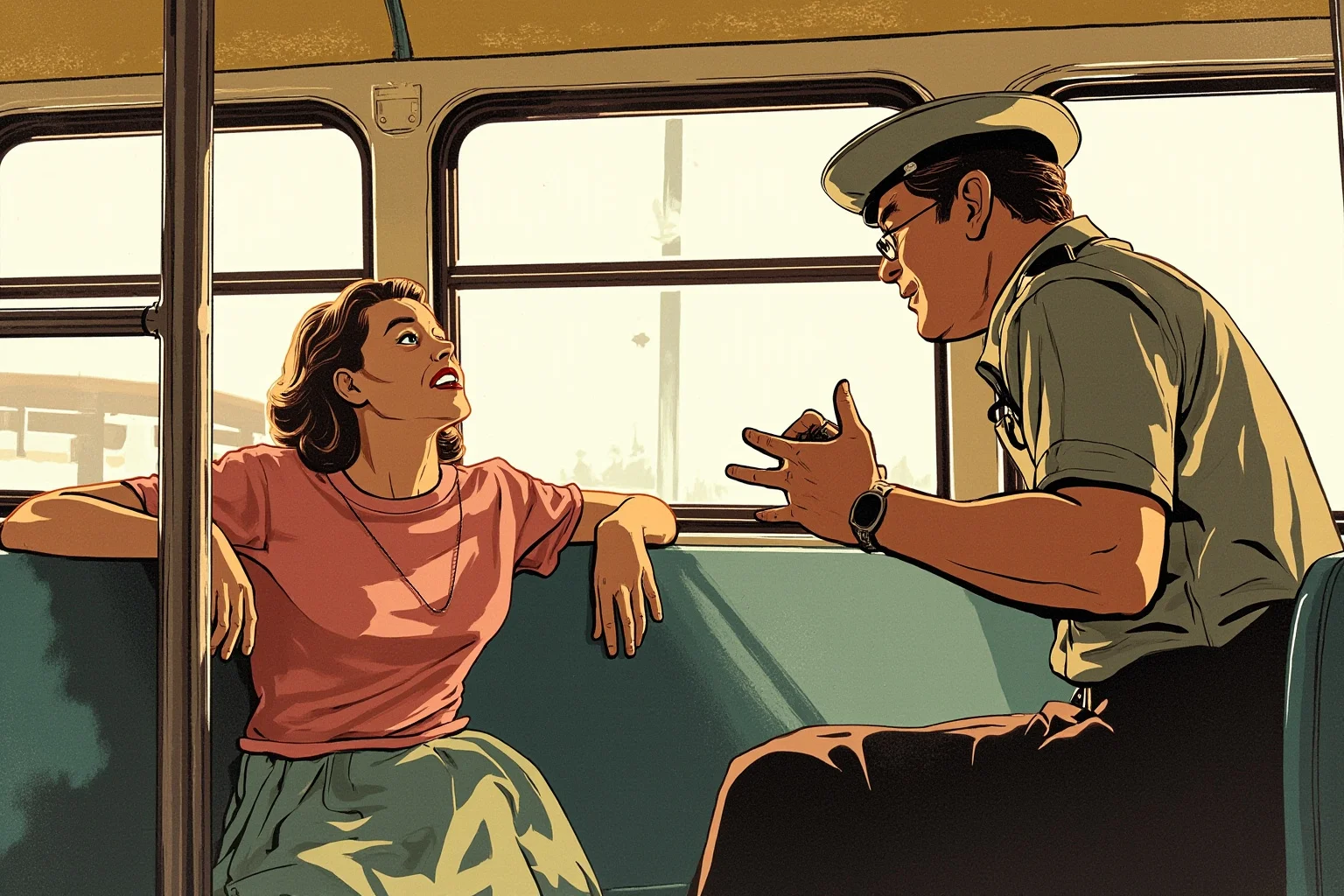 Unsung Heroes History Doesn't Talk About Enough 6 Illustration of a determined teenage girl sitting firmly in a 1950s bus seat while a bus driver gestures toward her, retro civil-rights era style