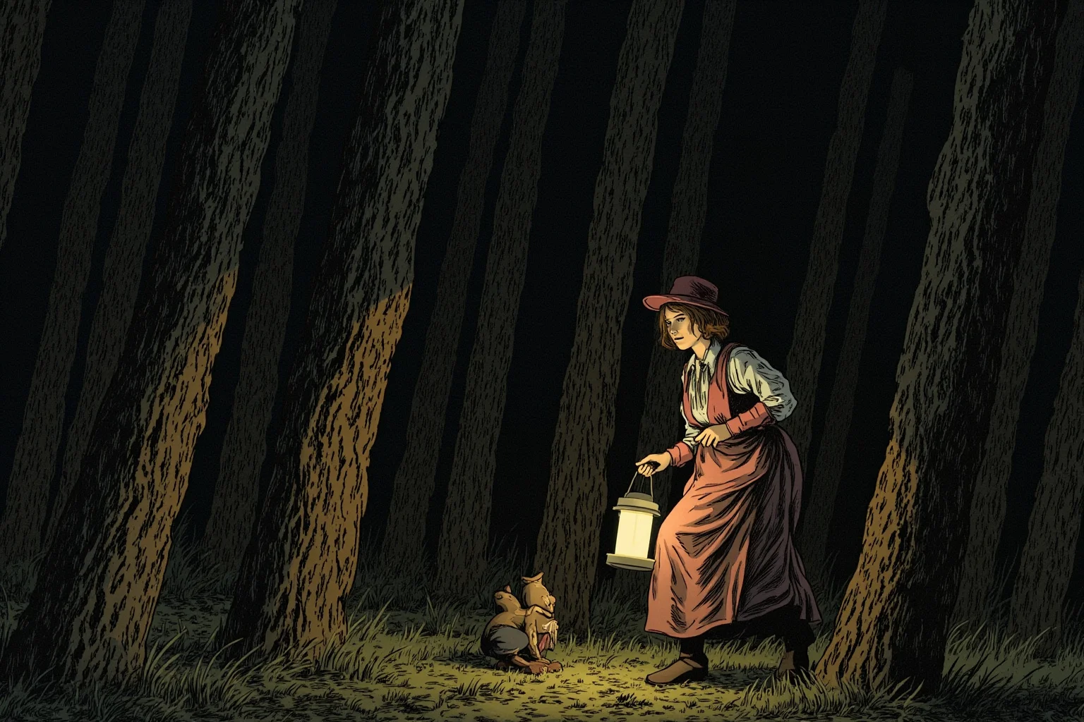 Illustration of a determined woman guiding a small group through a dark forest at night, lantern light, 19th-century clothing