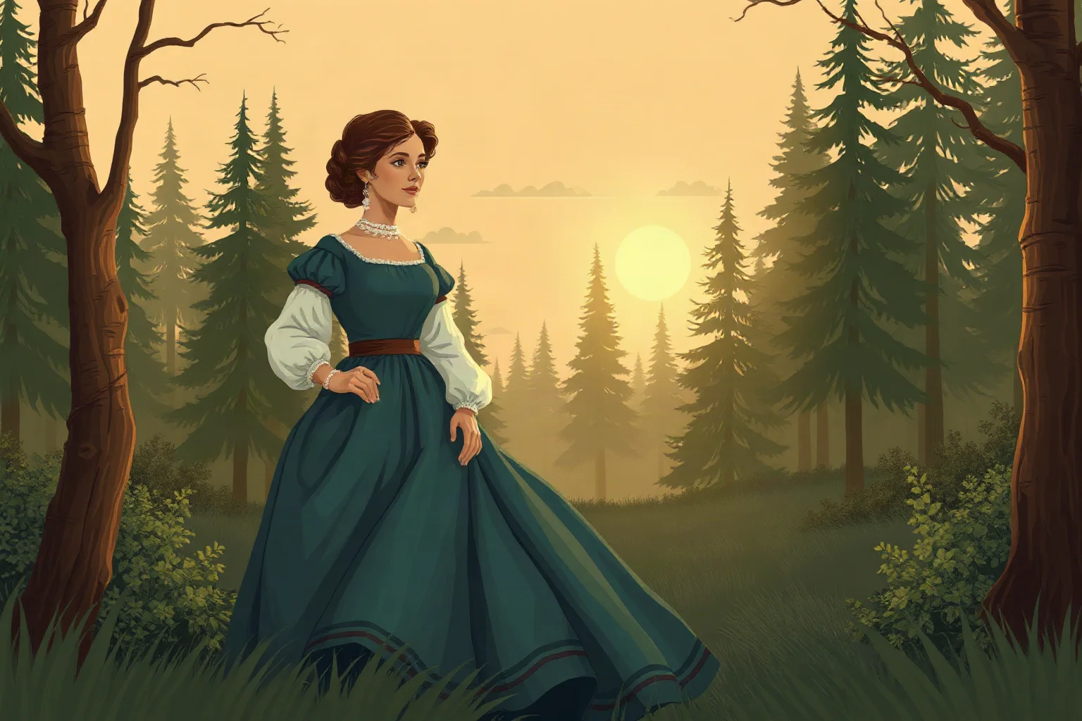 Illustration of a determined woman in early 1800s dress walking through a forest at dawn, historical folk-art style