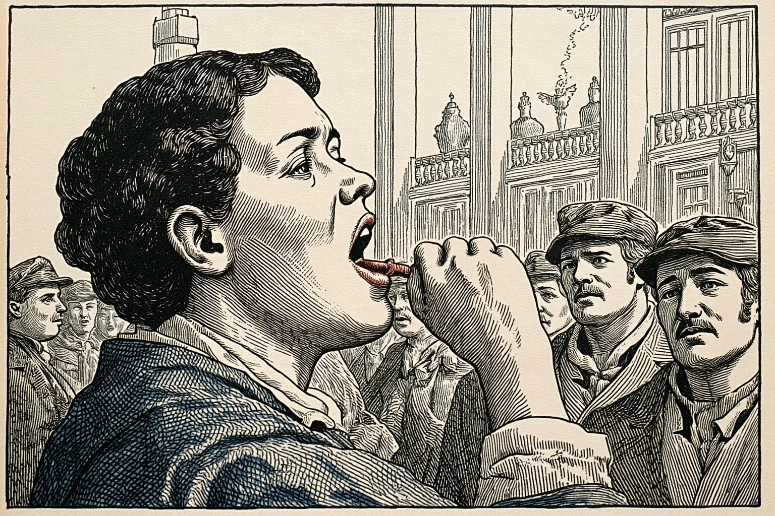 Illustration of a determined woman speaking to a crowd outside a government building, early 1900s British style