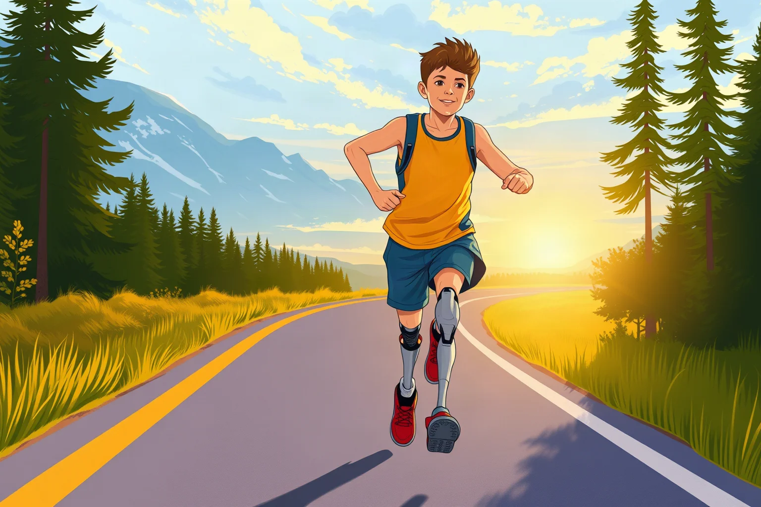 Illustration of a determined young runner with a prosthetic leg running along a Canadian highway at sunrise, inspirational art style