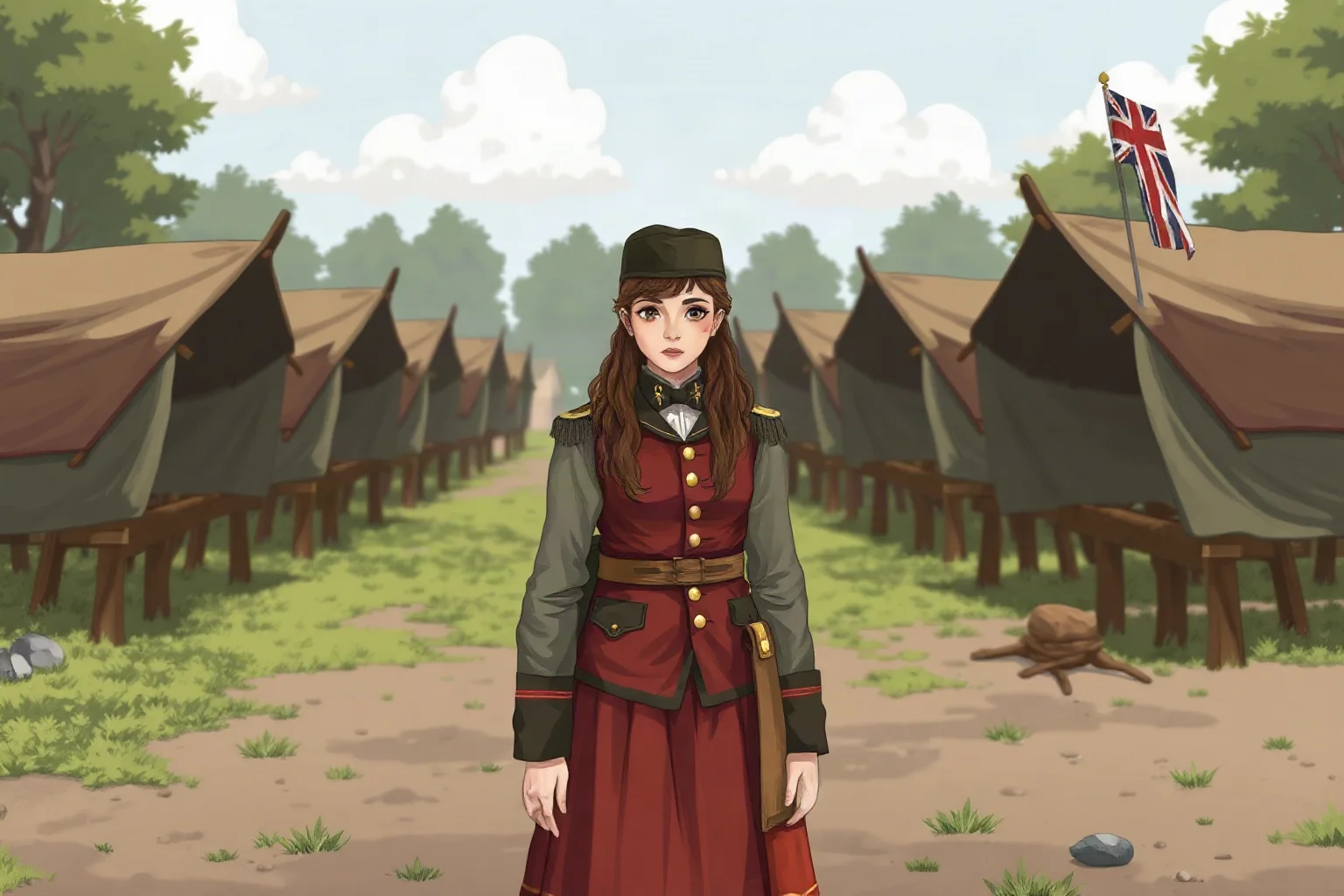 Illustration of a determined young woman in oversized colonial soldier's uniform standing at attention in a military camp