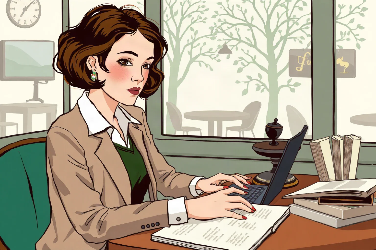 Illustration of a determined young woman writer typing at a café table surrounded by literary magazines, 1920s Paris