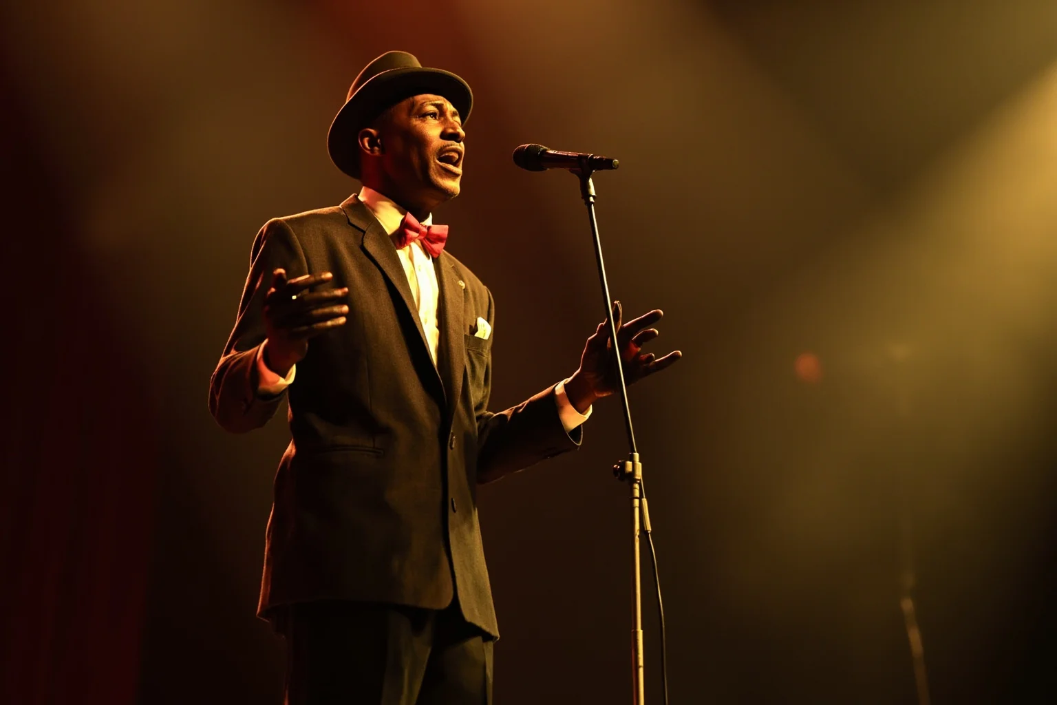 Illustration of a dignified 1920s Black male actor and singer performing dramatically on a theater stage, warm dramatic stage lighting