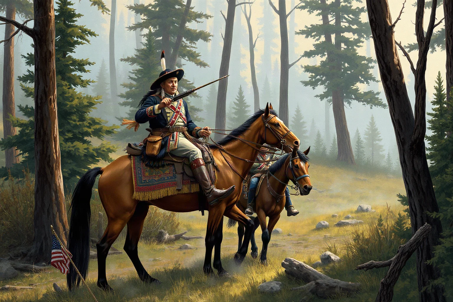 Illustration of a dignified Native American Confederate cavalry officer on horseback leading a small unit through wooded terrain