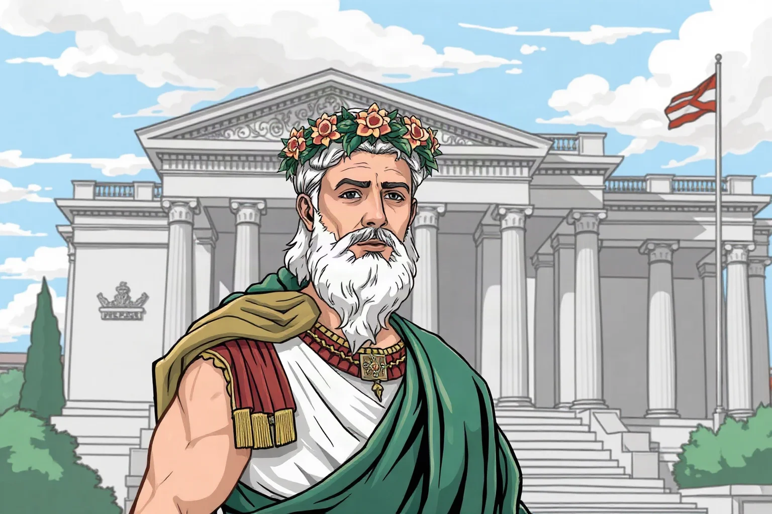 Illustration of a dignified Roman emperor in laurel wreath standing before grand marble buildings