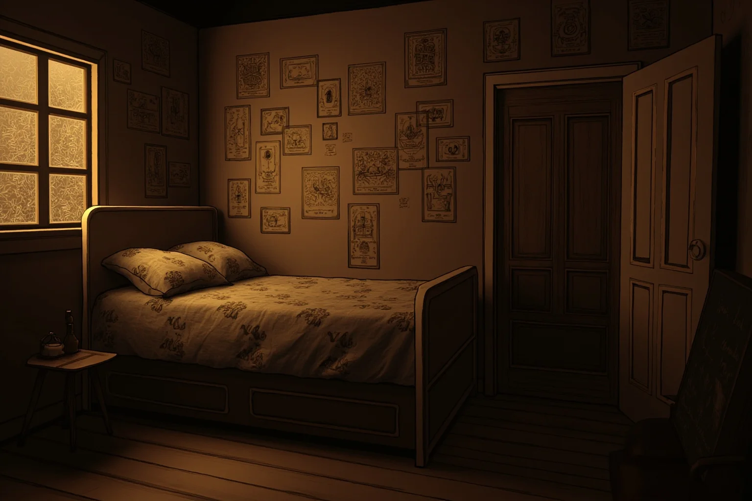 Illustration of a dim early 20th-century bedroom with old invention sketches on the wall, warm sepia lighting