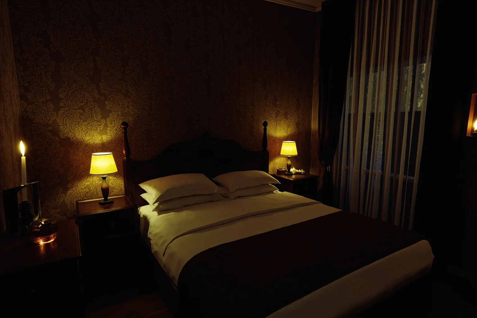 Illustration of a dim Parisian hotel room with ornate vintage wallpaper, candle lit, turn-of-the-century atmosphere